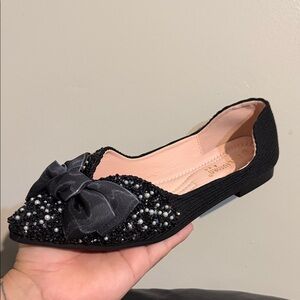 Black Beaded Bow Pointed Flat - Women's Dress Loafer